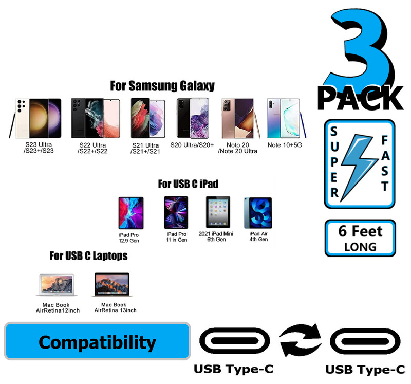 3 Pack USB C 6ft Fast Charge Cable Adapter Cord For iPad iPhone 15 16 17 Pro MAX gallery