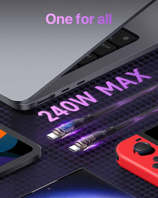 240W USB C to USB C Transparent Cable with LED Display Compatible with 140W 100W gallery