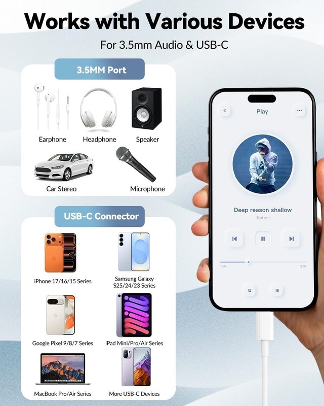 USB C to 3.5mm Headphone Jack Adapter DAC Chip Audio Aux Samsung iPhone 15 16 17 gallery