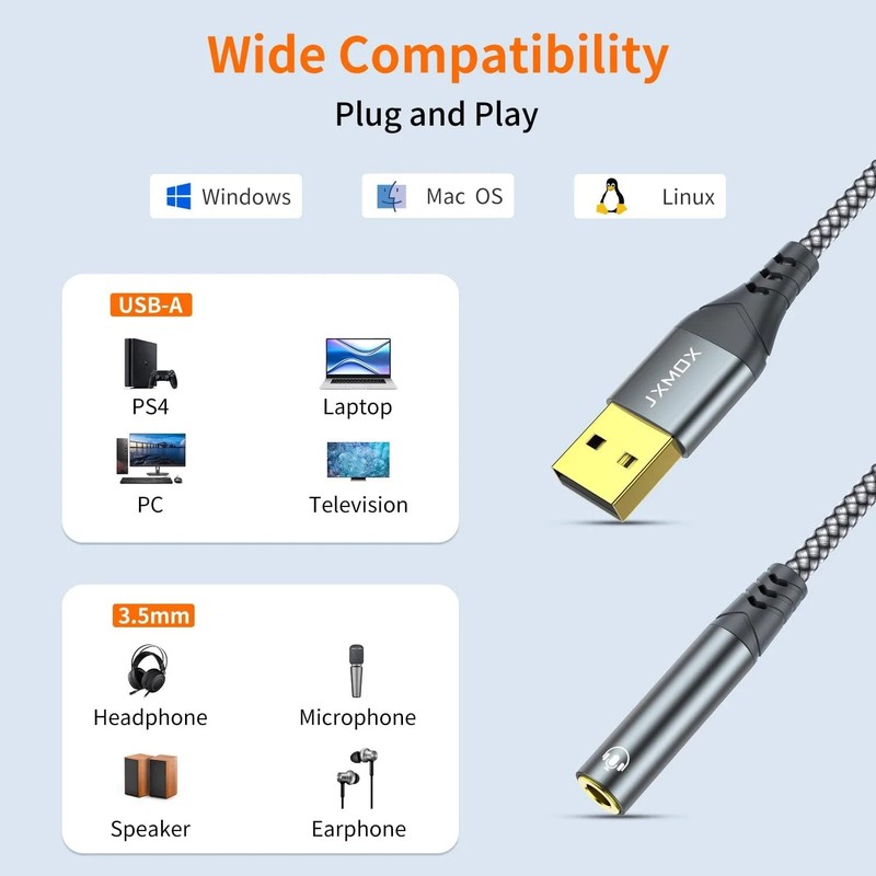 JXMOX USB to 3.5Mm Audio Adapter (2-Pack) - USB-A to 3.5Mm TRRS 4-Pole Female Ex gallery