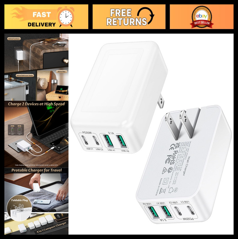 2-Pack 40W Flat USB C Charger Block, 4-Port Slim Fast Charging Wall Plug, Type C