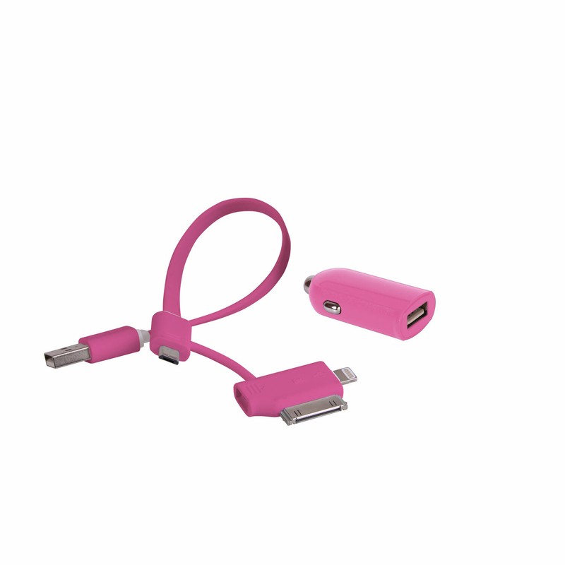 2.4A Car Charger with 3 in 1 Charging Cable PINK