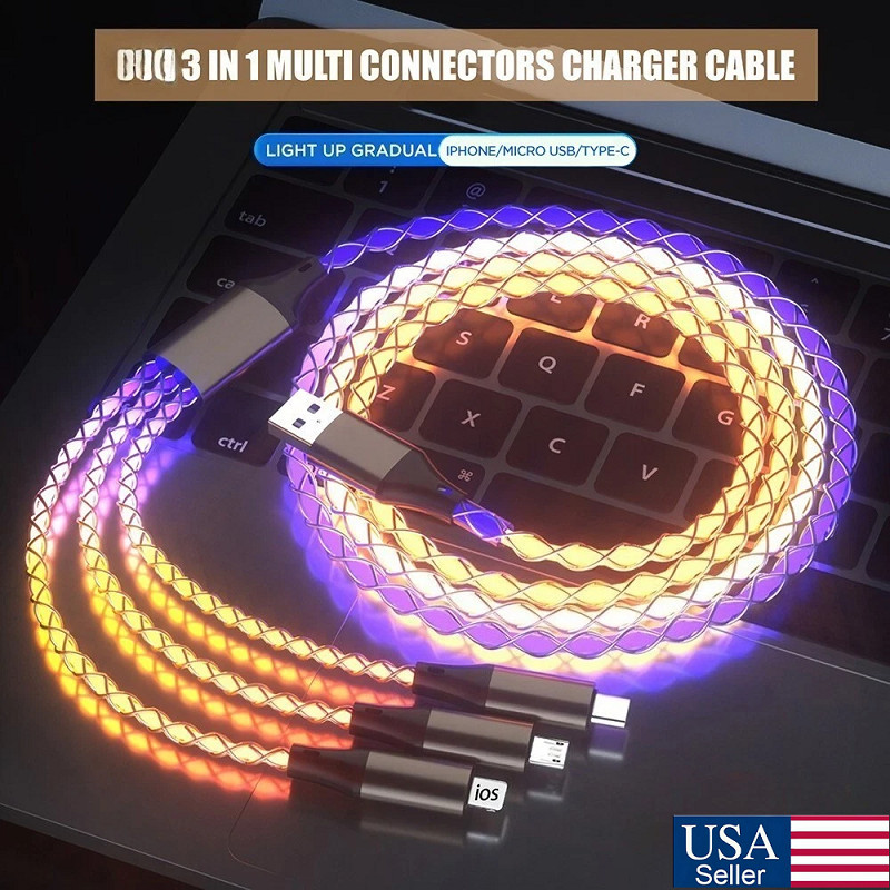 3 in 1 Multi Charger Cable LED Light Up Glowing Fast Charging Cord cable Type C
