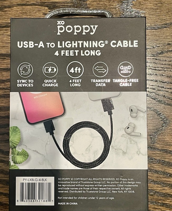 XO Poppy Glitz & Glam Black USB-A To Lightening Cable for iPhone 4 Feet NIB gallery