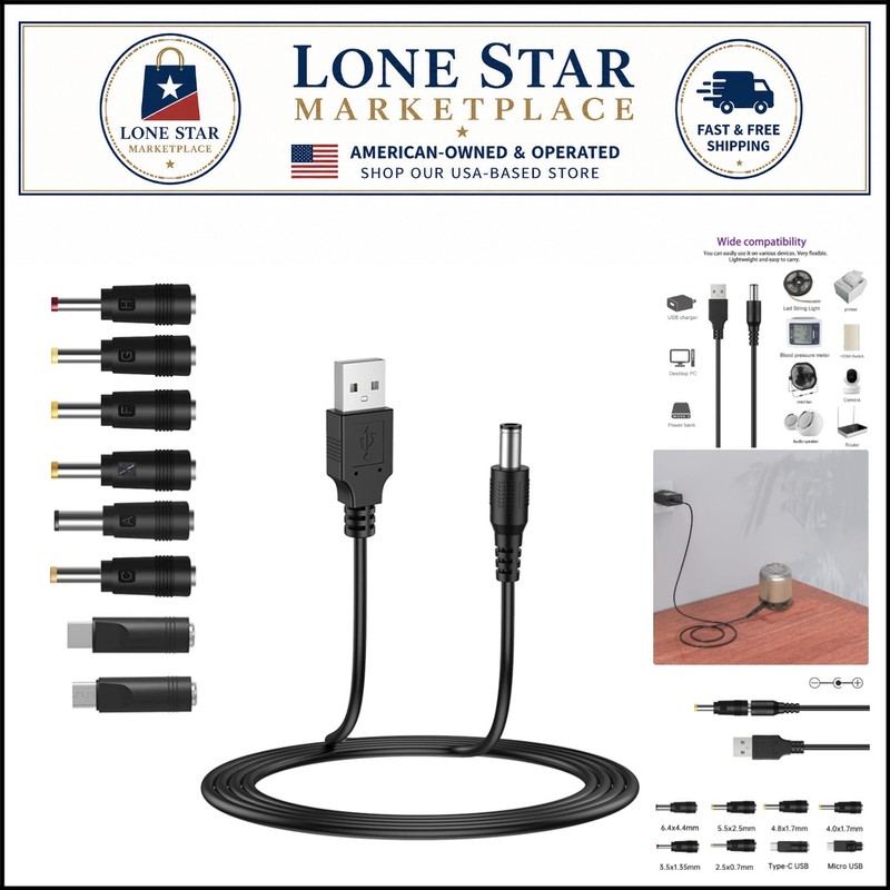 Versatile USB to DC 5V Power Cable – 5FT with 8 Connectors for Home & Office Use