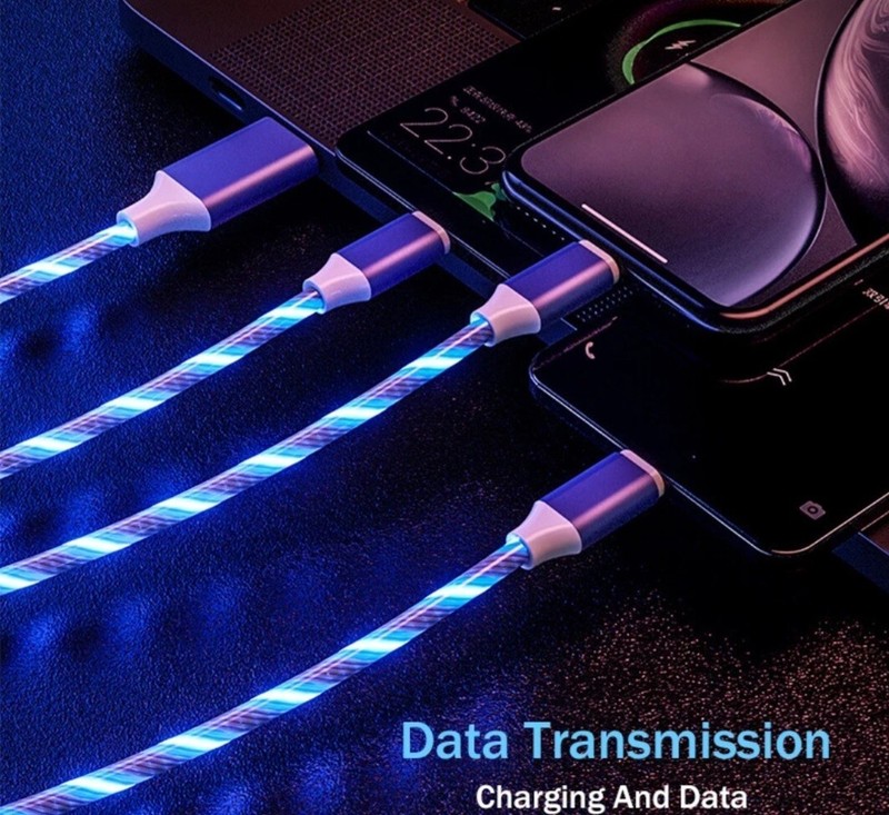 Blue - 3 in 1 USB LED Charger Light Cable For iphone samsung Type C Charge 1.2M gallery