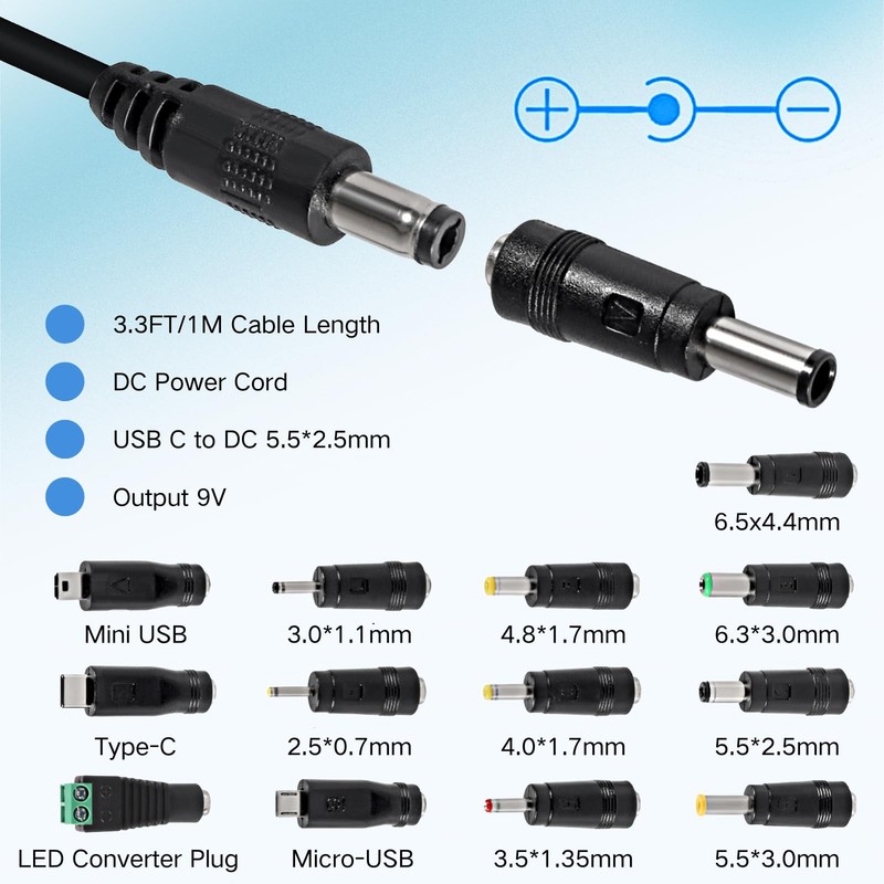 3.3 ft USB C to DC 9V Power Cord with 13 Connector Tips 5.5x2.5mm Plug gallery