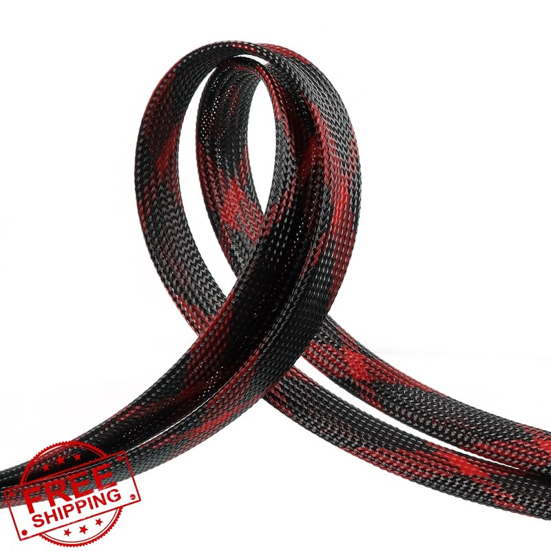 25mm Braided Cable Sleeve 33ft Expandable Pet Proof Black Red