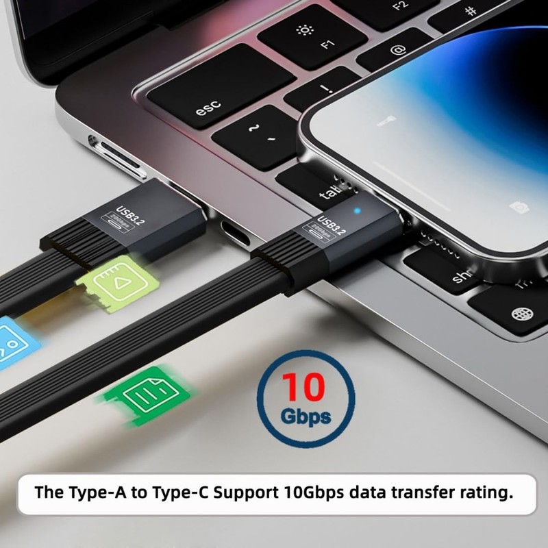 USB A to USB C Flat Cable,USB 3.2 Gen 2 10Gbps Data Transfer PD 15W Fast Char... gallery