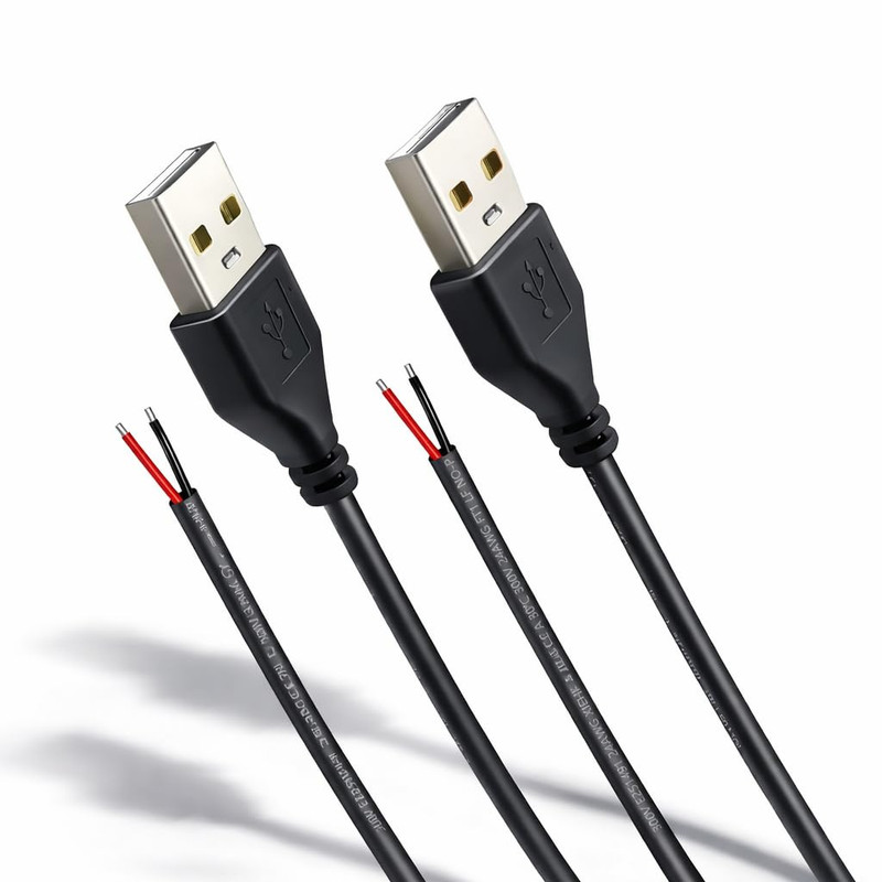 2 PCS 1.64ft Black USB Pigtail Power Cable Wire 24AWG 2A 5V Bare Open End