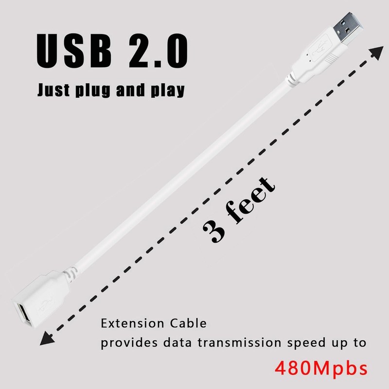 5 PCS 3ft White USB Extension Cable USB A 2.0 Male To Female Extender Cord gallery