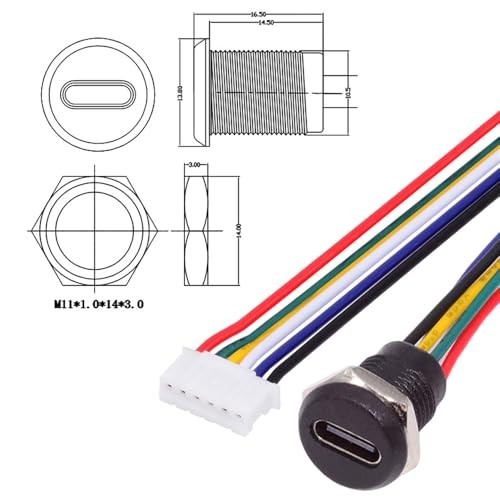 Type C Female Socket 6Pin Header 24AWG 2.0mm Panel Mount DC Power Cable Set gallery