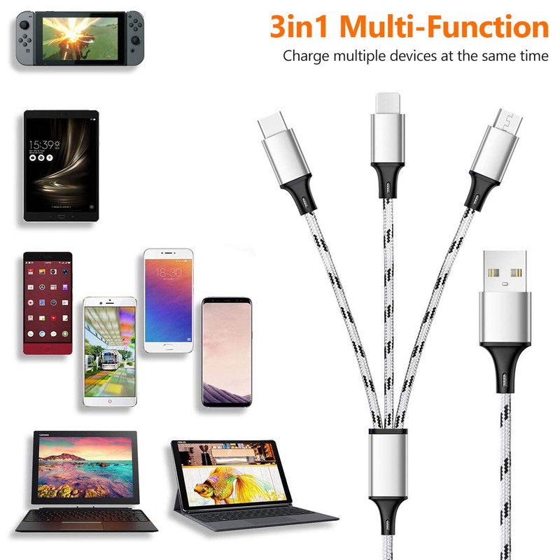 Braided 3-in-1 Hybrid Single Cable – USB-C, Lightning, Micro USB Devices