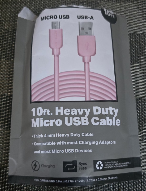 Bytech Heavy Duty Pink 10′ Thick 4 mm Micro USB Cable for Data Sync/Charging