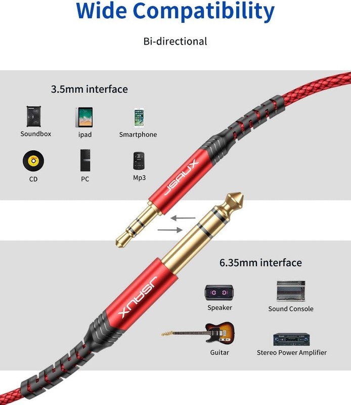 Durable 4FT Stereo Audio Cable - 3.5mm Male to 6.35mm Male TRS Connection gallery