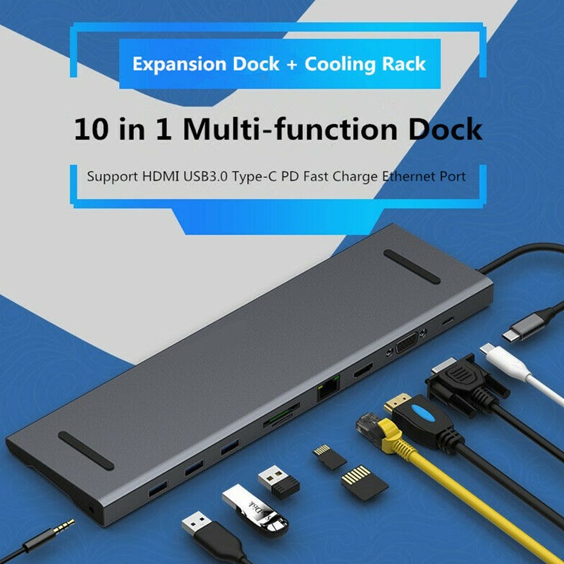 10 in 1 Multi-function USB3.0 Hub Adapter USB Type C Docking 4K HDMI VGA RJ45 SP gallery