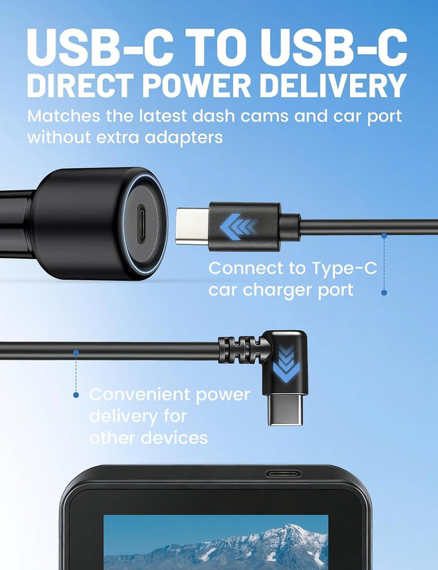 USB C to 90 Degree USB C Dash Cam Power Cord 10FT, Replacement Type C Dashcam Po gallery