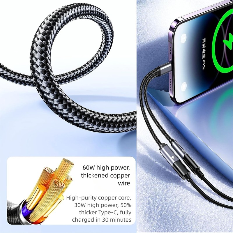 2 in 1 Type-C USB C to 3.5mm AUX Audio Headphone Jack Adapter Charger Cable New gallery