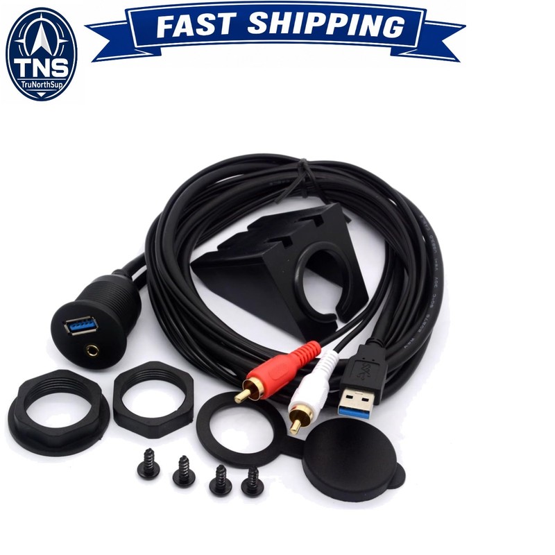 USB 3.0 2RCA AUX Extension Cable 6ft Dash Mount Car Boat Motorcycle