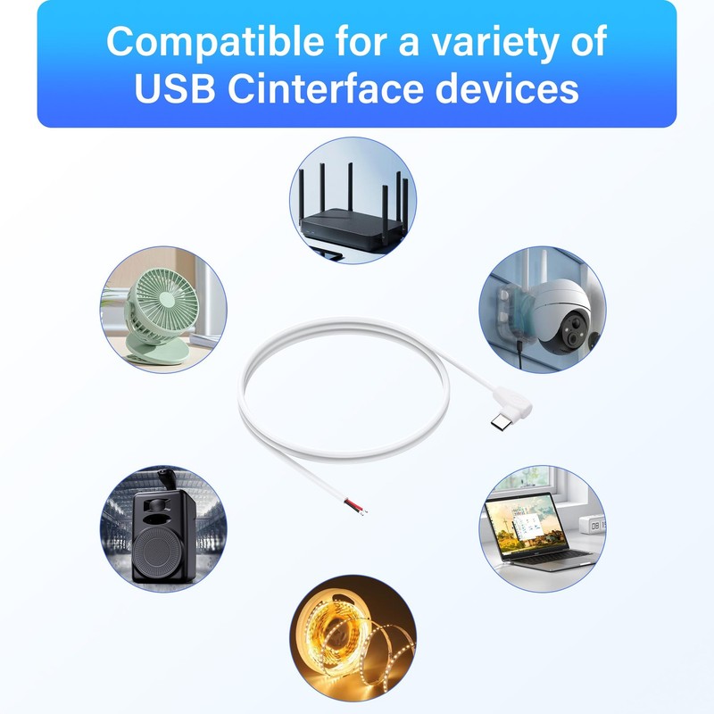 2 PCS 90 Degree USB C Power Pigtail Cable 20AWG 5V Male To 2 Pin Bare Wire 1M gallery