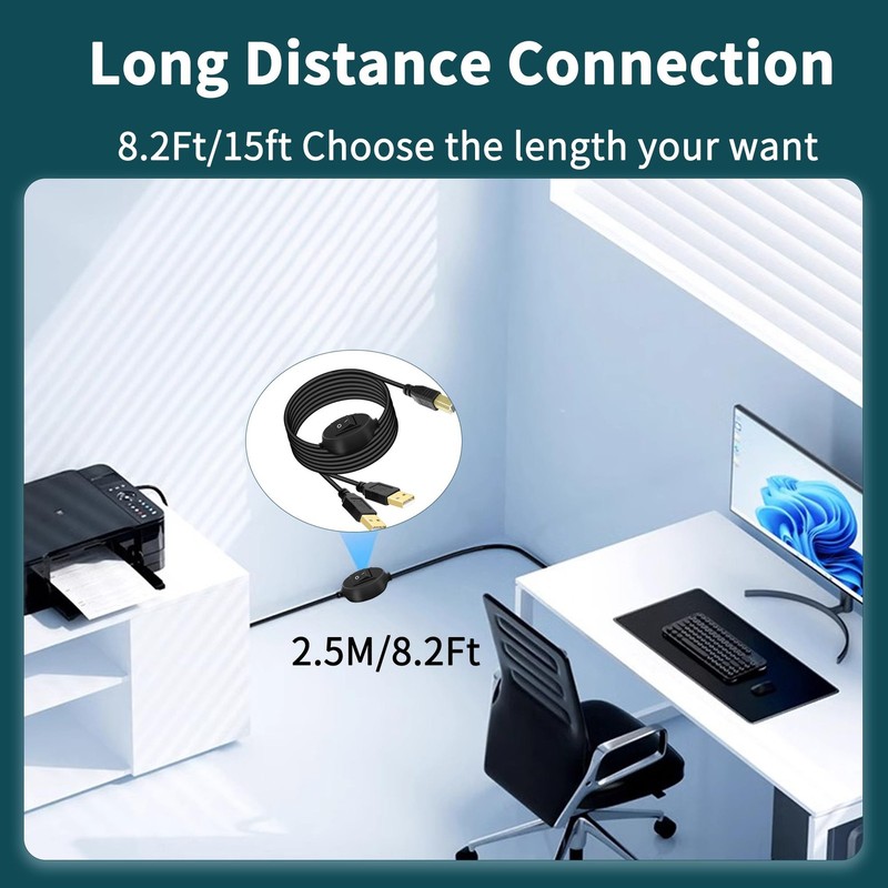 USB Printer Cable Splitter with Switch 2 in 1 USB B to Dual A Male Cord 8ft gallery