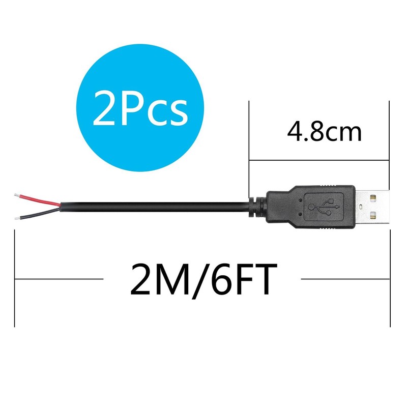 2-Pack USB A Male to 2-Pin Bare Wire Open-End Power Pigtail Cable 6ft gallery