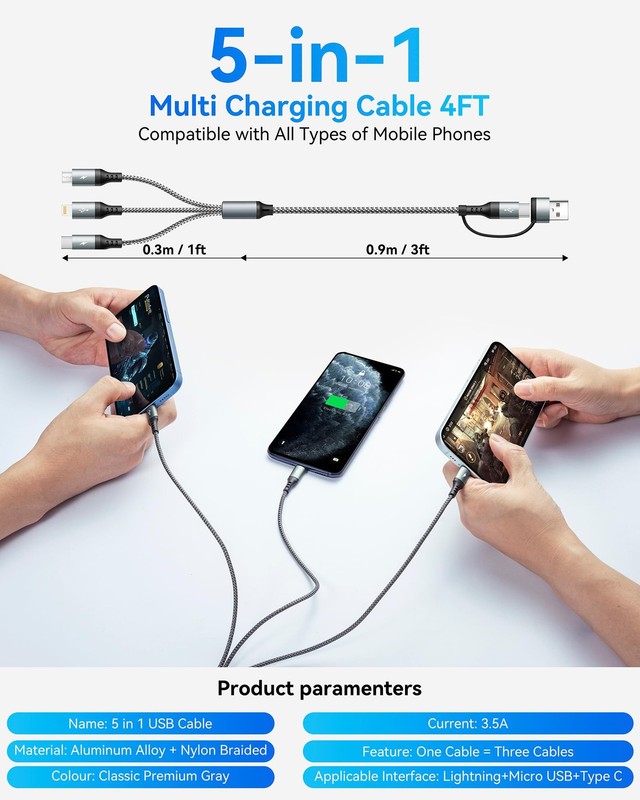 UZAHSK 5 in 1 Multi Charging Cable,1Pack 4Ft USB A/C 1 PACK, Grey gallery