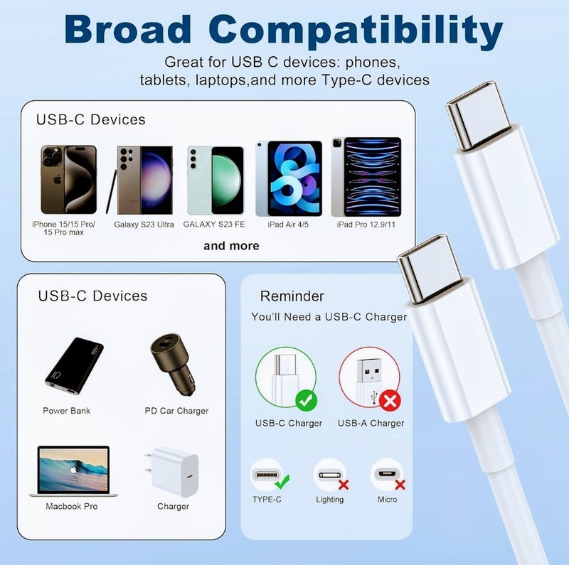 4 Pack USB-C to USB-C 10ft Charger Cables 60w Extra Long! gallery