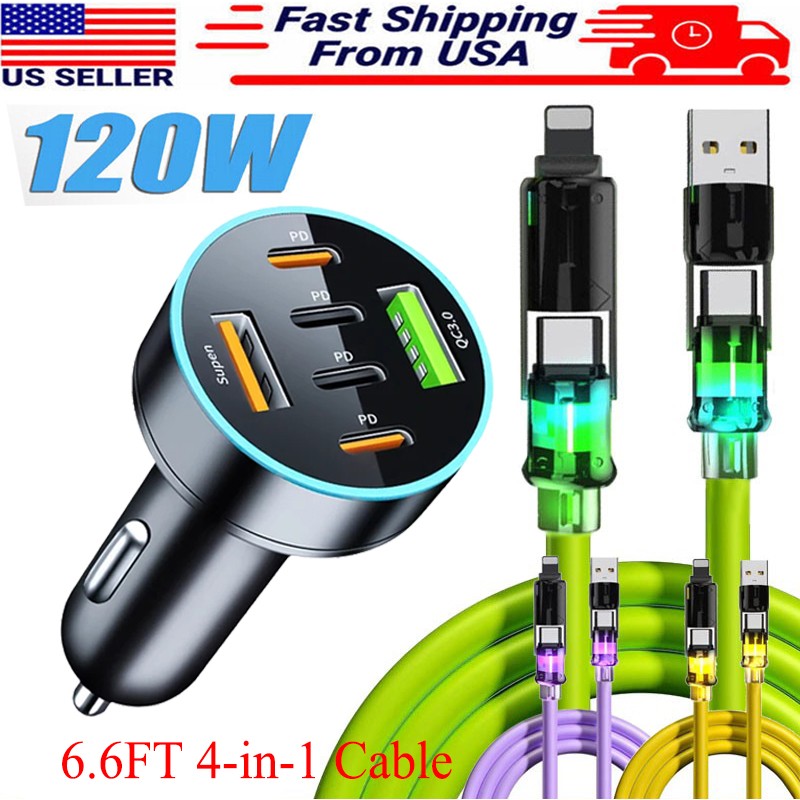 120W Fast Type C Car Charger , 4-In-1 60W 6.6FT Super Fast Cable For Cell Phone