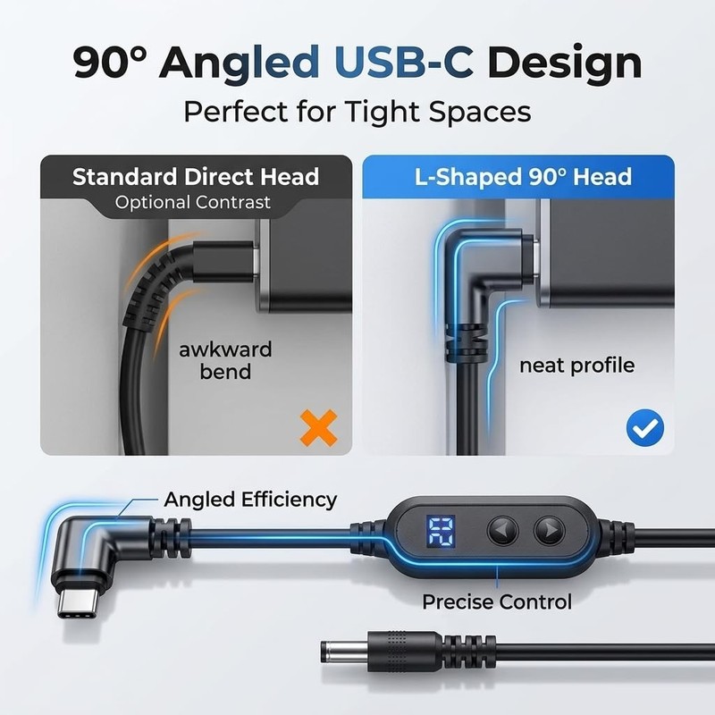 USB to DC Power Cable 60W PD Fast Charging, 90 Degree Angled -Connector, Adju... gallery