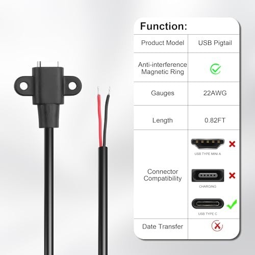USB C Female 2 Pin Bare Wire Power Cable 5V/3A DIY Charger Extension 25CM gallery