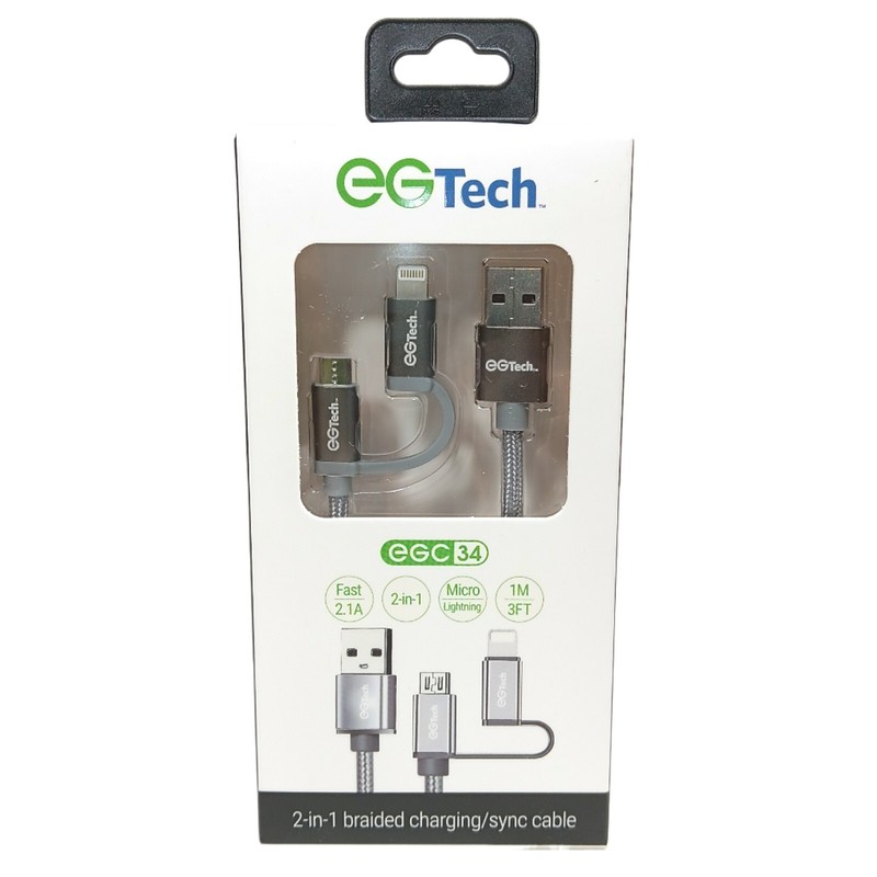 EG Tech 2-in-1 Charging Sync Cable Gray Braided 3 ft 2.1A USB Micro-USB Lighting