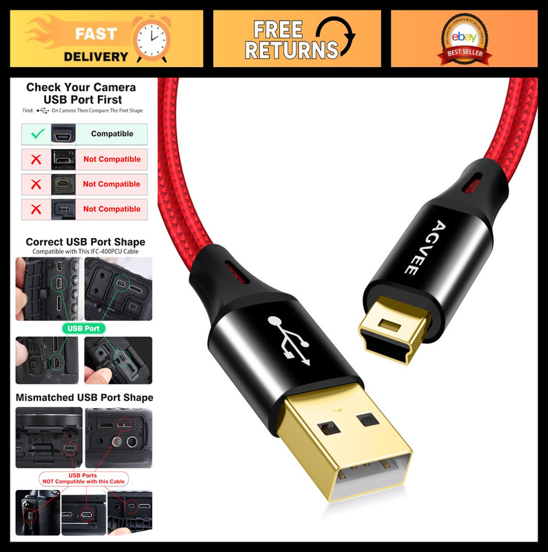 10ft USB Data Transfer Cable for Canon DSLR Cameras & Vixia Camcorders – 2 Pack