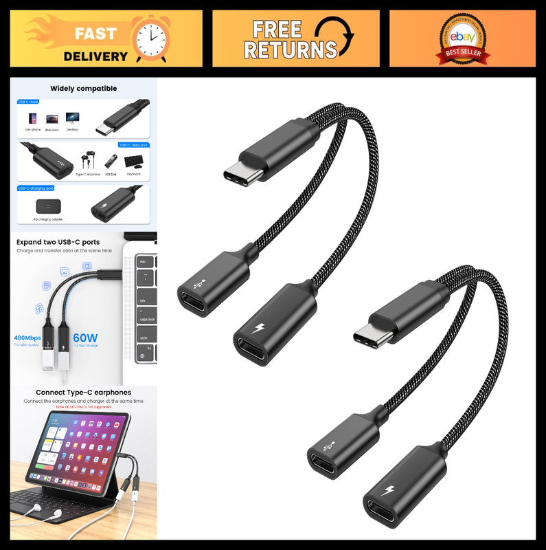 USB C Splitter Adapter Y Cable – Male to 2 Female Hub for Charging, Mac, Xbox, P