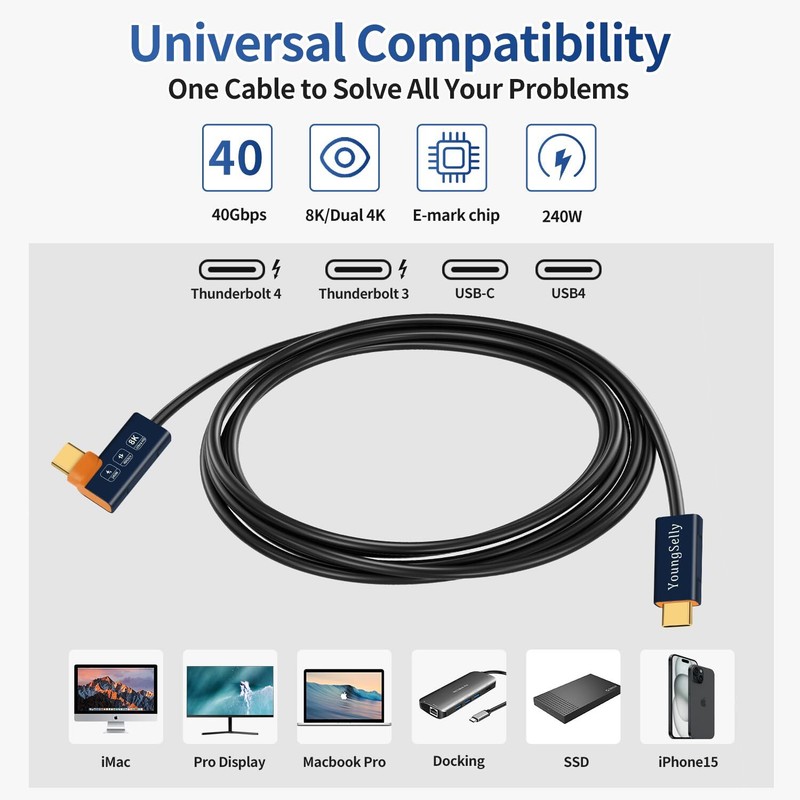 4.0Ft Elbow USB C Cable Thunderbolt 4/3 240W Charging 8K Dual Display gallery