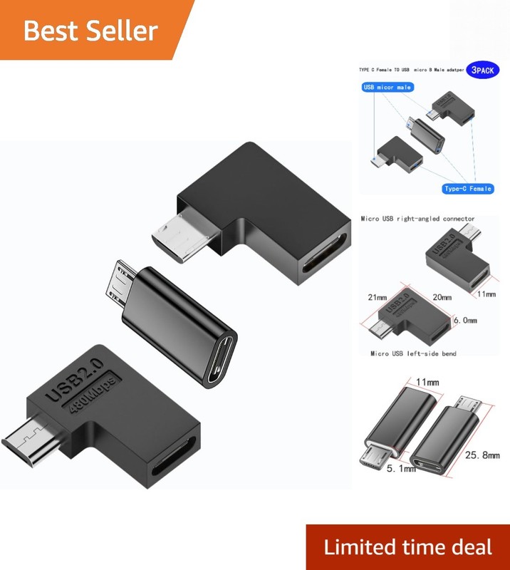 3-Pack USB-C to Micro USB 90-Degree Angled Adapters - Perfect for Tight Spaces