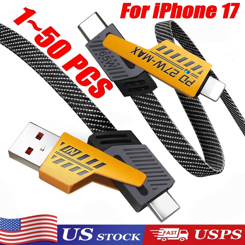 65W 4 in 1 Multi Charging Cable Flat Braided USBC Charge Cord  LOT Data Transfer