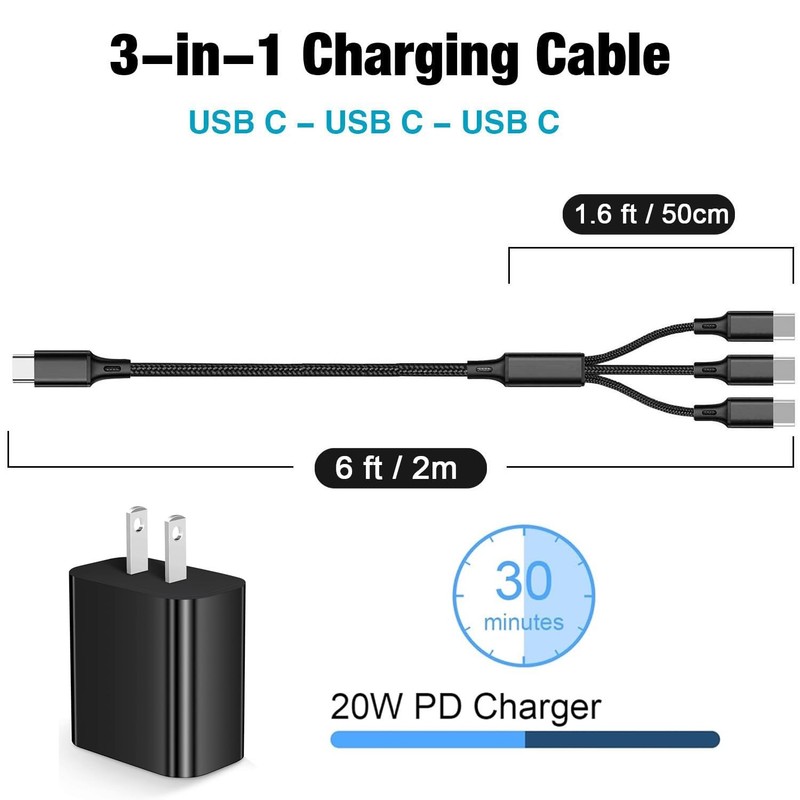 20w USB-Power Adapter Plug 6ft Multi Charger Cable Splitter 1 in 3 Out Fast C... gallery