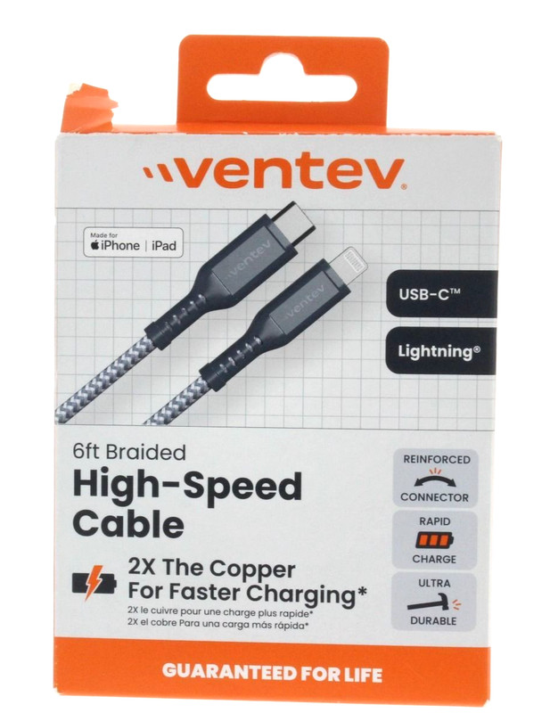 Ventev High Speed Braided Cable 6 Ft 2X faster Charging USB-C to 8 Pin Connector