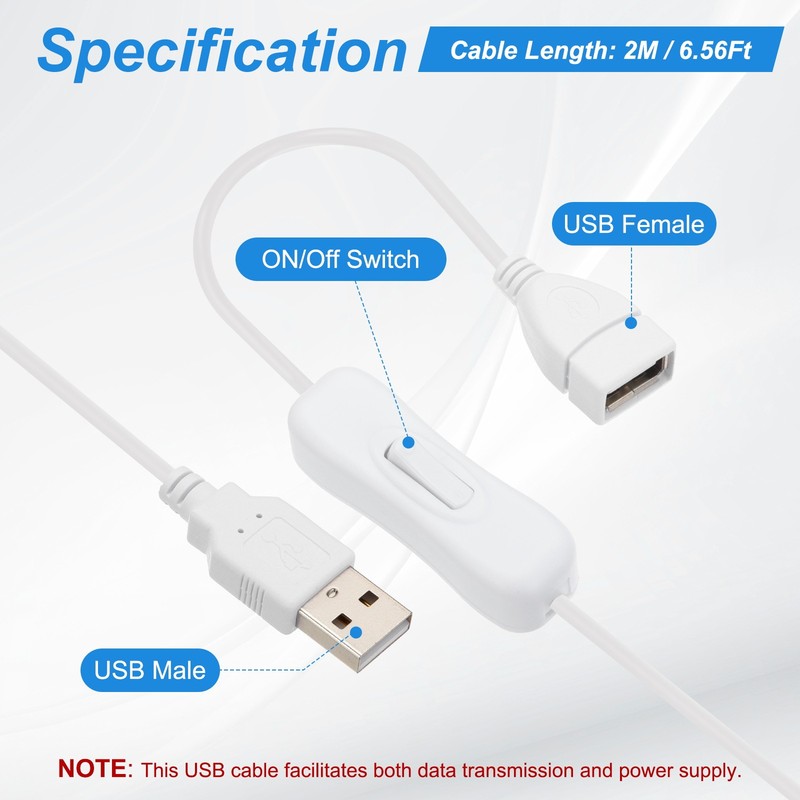 2 Pcs 2M USB Male to Female Extension Cord with ON/Off Switch with Tape, White gallery
