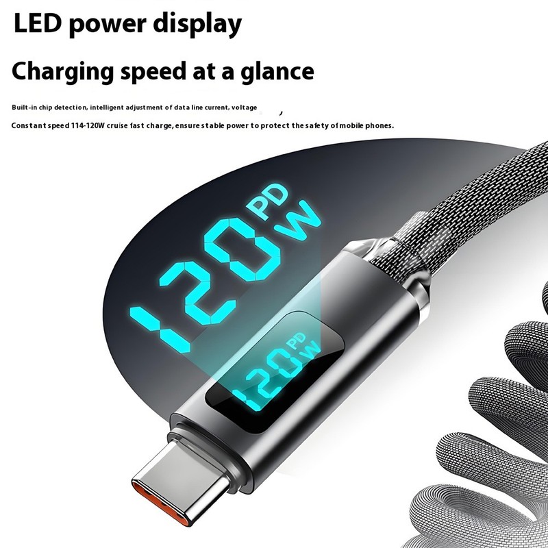 PD 120W 2.0 USB Male to Type-C Spring Coiled Data Charging Cable Digital Display gallery