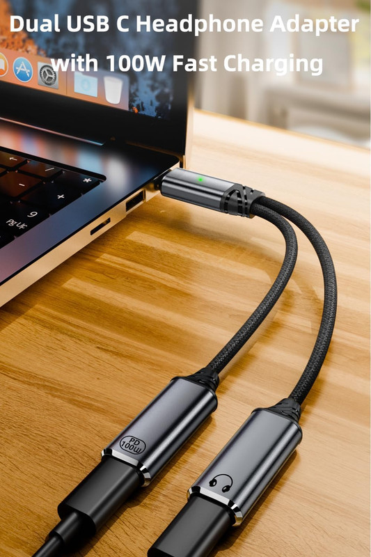 USB C Splitter, Dual USB C Headphone and Charger Adapter Audio Dongle Cable with gallery