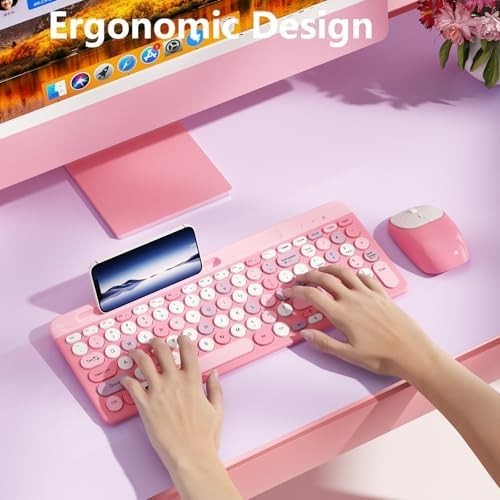 Wireless Keyboard with Round Keycaps, 2.4GHz Full-Size USB Cute Wireles...