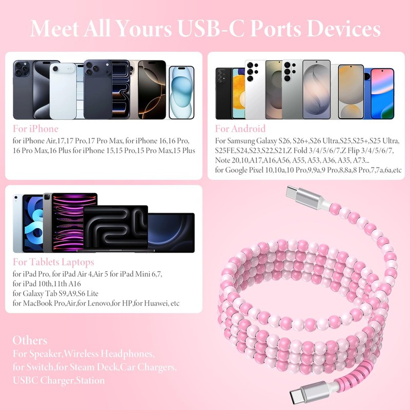 USB C to USB C Cable 6FT 60W PD Fast Charging Beaded Charger Cord Cute Pearl ... gallery