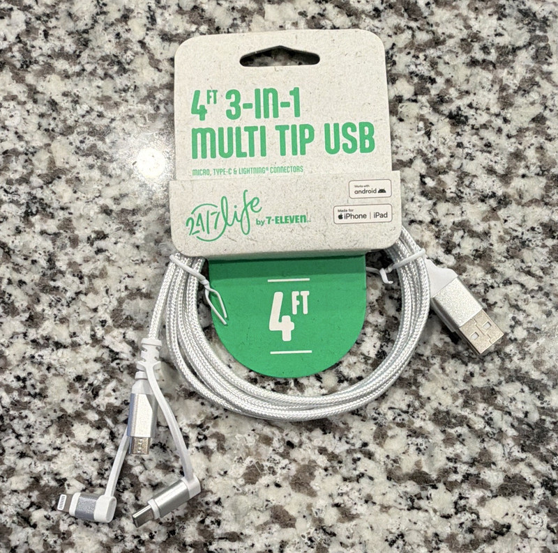 24/7 Life by 7-Eleven 4ft 3-in-1 Braided USB Cable Micro-USB/USB-C