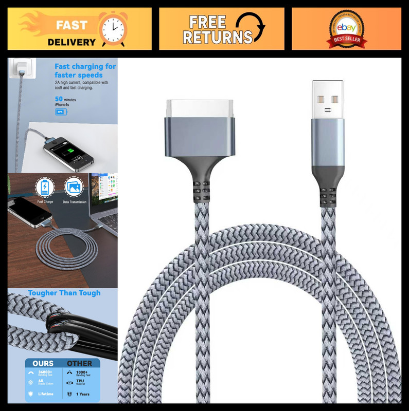 USB to 30 Pin Charging Cable – Fast Sync Data Nylon Braided Cord for iPhone 4/4s