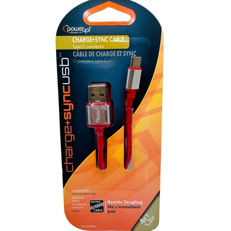 Charge+Sync USB Type C Cable 4ft Red Tangle-Resistant Braided 2.0 Aluminum Tips