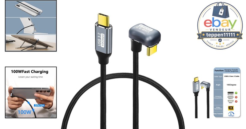 U Shape USB C Fast Charging Cable 180 Degree Angle 0.5M Male to Male gallery