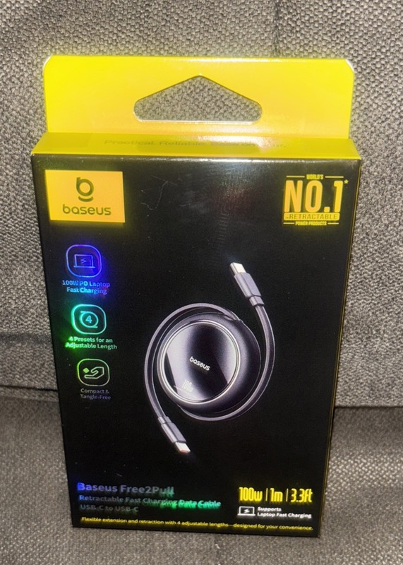 Baseus – Free2PullRetractable Charging Cable USB-C to USB-C 3 feet 100W Black