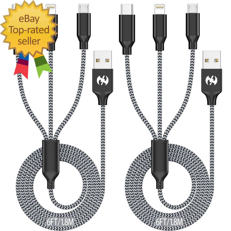 Multi Charging Cable 6Ft 2Pack 3 in 1 Charger Cord, Multiple Rapid Nylon Braided